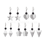 304 Stainless Steel Geometry Dangle Earrings with Natural Lava Rock Round Beaded, Mixed Shapes, 49~61x18~26mm(EJEW-JE05610)