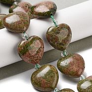 Natural Unakite Beads Strands, Heart, with Seed Beads, 19~19.5x20x10mm, Hole: 1.5mm, about 17pcs/strand, 15.75 inch(40cm)(G-C150-A14-01)