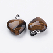 Natural Tiger Eye Pendants, with Brass Findings, Heart, Platinum, 23x20x7~9mm, Hole: 5x8mm(G-E434-07P)