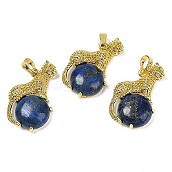 Dyed Natural Lapis Lazuli Ball with Leopard Shape Brass Pendants, Rack Plating, Cadmium Free & Lead Free, Long-Lasting Plated, 35x22x6.5mm, Hole: 7x3.5mm(KK-F887-04G-23)