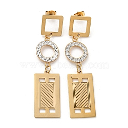 Ion Plating(IP) Golden 304 Stainless Steel Geometry Dangle Stud Earrings, Rhinestone Ring Drop Earrings, Rectangle, 62x14mm(EJEW-D083-10E-G)