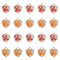 20Pcs 2 Colors Alloy Rhinestone Pendants, with Enamel, Heart with Silk Ribbon Charms, Light Gold, Mixed Color, 11x9.5x3mm, Hole: 1.5mm, 10Pcs/color(FIND-CA0007-26)