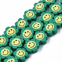 Handmade Polymer Clay Bead Strands, Flower with Smile, Sea Green, 8~10x8~10x4~5mm, Hole: 1.2~1.6mm, about 38~40pcs/strand, 12.99 inch~15.94 inch(33~40.5cm)(CLAY-N006-73C)