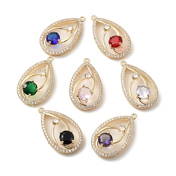 Brass with K9 Glass & Rhinestone Pendants, Light Gold, Teardrop Charms, Mixed Color, 32.5x19x8.5mm, Hole: 1.8mm