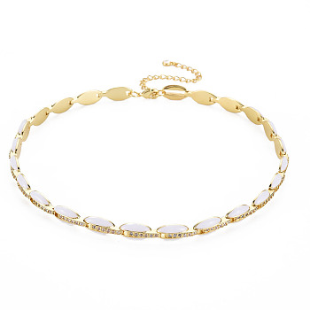 Brass Micro Pave Cubic Zirconia Link Tennis Necklaces for Women, with Enamel, Nickel Free, Real 18K Gold Plated, Oval, White, 34x0.7cm
