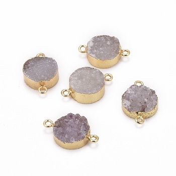 Natural Drusy Agate Flat Round Links connectors, with Golden Tone Plated Brass Finding, 15~16x23~25x5~6mm, Hole: 3mm