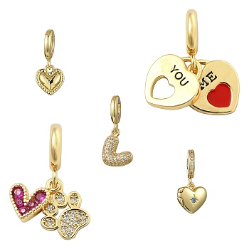 5Pcs 5 Styles Brass European Dangle Charms, Heart Large Hole Pendants, Golden, 21~25.5mm, Hole: 4.5mm, 1pc/style