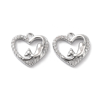 Rack Plating Brass Micro Pave Cubic Zirconia Pendants, Heart Charm, Real Platinum Plated, 12x12.5x3mm, Hole: 1.4mm