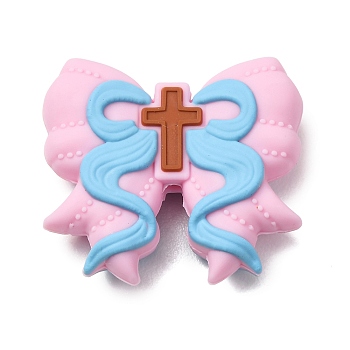 Silicone Beads, Focal Beads Bowknot with Cross, Pink, 26x30x9mm, Hole: 2mm