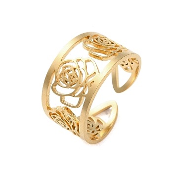304 Stainless Steel Open Cuff Ring for Women, Flower, Golden, Inner Diameter: 18mm