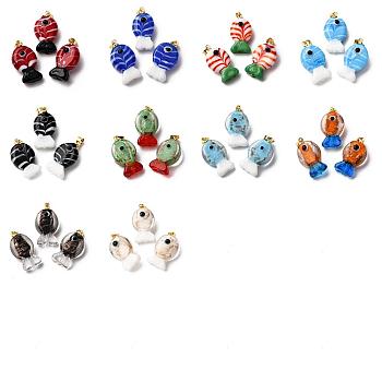 10Pcs 10 Colors Handmade Lampwork Pendants, Fish Charms, with Brass Findings, Mixed Color, 23~23.5x12~13x8~10mm, Hole: 4.4x3.8mm, 1pc/color