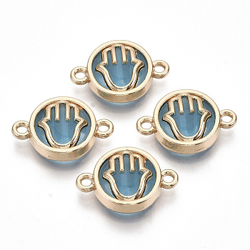 Glass Links connectors, with Light Gold Plated Alloy Findings, Flat Round with Hamsa Hand/Hand of Fatima/Hand of Miriam, Dodger Blue, 13.5x19.5x5.5mm, Hole: 1.6mm