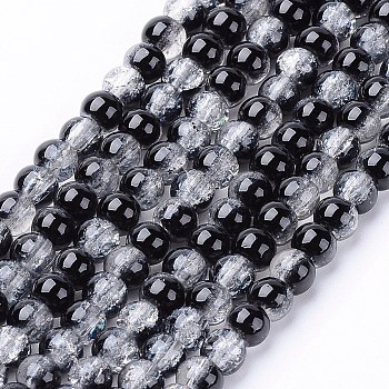 Spray Painted Crackle Glass Beads Strands, Round, Two Tone, Black, 4mm, Hole: 1.1~1.3mm, about 200pcs/strand, 31.4 inch