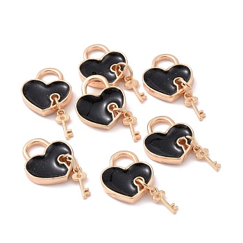 Alloy Enamel Pendants, Light Gold, Heart Lock with Key, Black, 18x15x3mm, Hole: 5.5x5.5mm