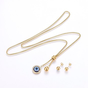 304 Stainless Steel Jewelry Sets, Pendant Necklaces and Stud Earrings, with Enamel and Rhinestone, Flat Round, Golden, Necklace: 29.9 inch(76cm), Earrings: 20x8mm, Pin: 0.8mm