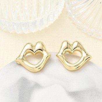 Brass Stud Earrings for Women, Lip, Real 14K Gold Plated, 21x24.5mm