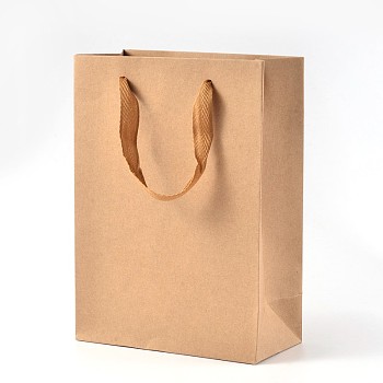 Rectangle Kraft Paper Bags with Handle, Retail Shopping Bag, Brown Paper Bag, Merchandise Bag, Gift, Party Bag, with Nylon Cord Handles, BurlyWood, 16x12x5.7cm