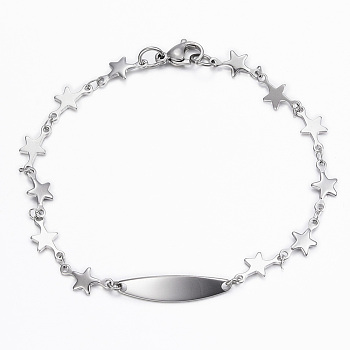 304 Stainless Steel ID Bracelets, with Lobster Claw Clasps, Star, Stainless Steel Color, 7-7/8 inch(200mm)
