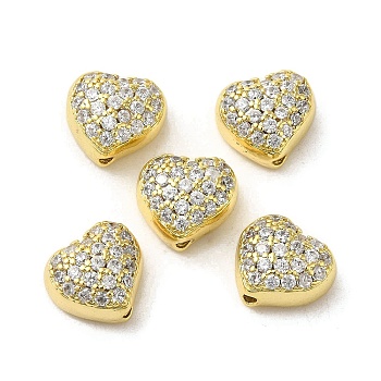 Valentine' s Day Brass Micro Pave Clear Cubic Zirconia Beads, Heart, Real 16K Gold Plated, 9x10x6mm, Hole: 1.4mm