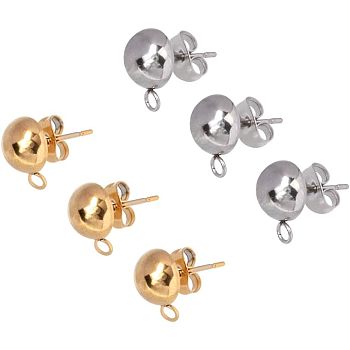 304 Stainless Steel Stud Earring Findings, with Loop, Bead Container, Dome/Half Round, Golden & Stainless Steel Color, 6.8x5.2x1.1cm, 40pcs/box