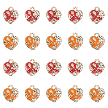20Pcs 2 Colors Alloy Rhinestone Pendants, with Enamel, Heart with Silk Ribbon Charms, Light Gold, Mixed Color, 11x9.5x3mm, Hole: 1.5mm, 10Pcs/color