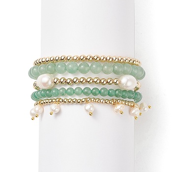 5Pcs 5 Style Natural Green Aventurine & Brass Beaded Stretch Bracelets Set, Natural Pearl Charms Stackable Bracelets for Women, Inner Diameter: 2~2-1/4 inch(5.2~5.6cm), 1Pc/style