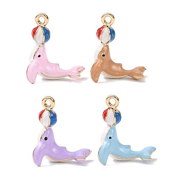 Alloy Enamel Pendants, Dolphin with Ball Charms, Golden, Mixed Color, 17.5x13.5x4.5mm, Hole: 1.5mm, about 4pcs/set