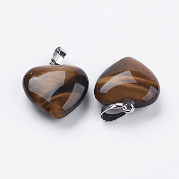 Natural Tiger Eye Pendants, with Brass Findings, Heart, Platinum, 23x20x7~9mm, Hole: 5x8mm
