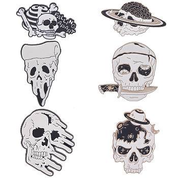 6Pcs 6 Style Alloy Enamel Brooches Sets, Lapel Pin Backs, Skull, Skull Pattern, 18~35.5x18~33mm, 1pc/style