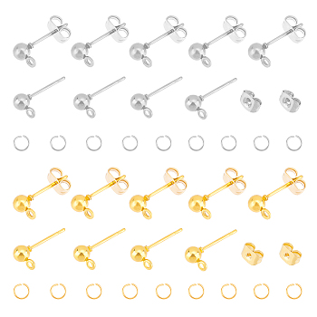 120Pcs 2 Color Iron Ball Stud Earring Findings, with Horizontal Loops & 120Pcs 304 Stainless Steel Ear Nuts & 120Pcs Open Jump Rings, Golden & Stainless Steel Color, 6.5x4mm, Hole: 1mm, Pin: 0.8mm, 60Pcs/color