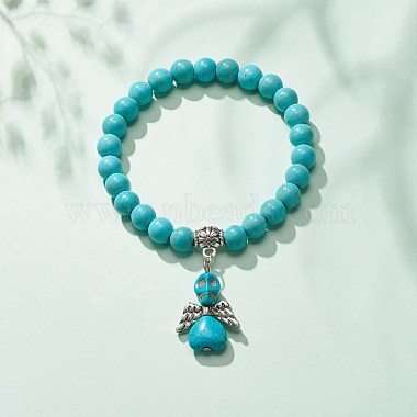 Synthetic Turquoise(Dyed) Beaded Stretch Bracelet with Skull Charm(BJEW-JB08286-02)-2