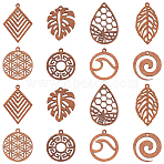 16Pcs 8 Styles Natural Walnut Wood Pendants, Undyed, Hollow Charm, Rhombus & Teardrop & Flat Round, Mixed Shapes, Camel, 25~36.5x19.5~25x2.5mm, Hole: 1.6~2mm, 2pcs/style(WOOD-HY0001-04)