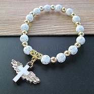 Acrylic Round with Cross Beaded Stretch Bracelets with Cross Charms, White, 6-3/4 inch(17cm)(PW-WG40295-03)