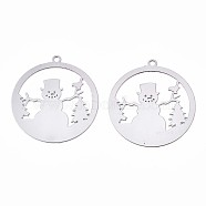 Christmas 201 Stainless Steel Filigree Pendants, Etched Metal Embellishments, Ring with Snowman, Stainless Steel Color, 22x20x0.3mm, Hole: 1.2mm(STAS-S118-001P)