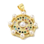 Brass Micro Pave Cubic Zirconia Pendants, with ABS Beads, Real 18K Gold Plated, Sun, 22x20x5mm, Hole: 5x3.5mm(KK-Z042-29G-01)