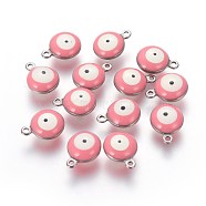 304 Stainless Steel Enamel Charms, Flat Round with Evil Eye, Stainless Steel Color, Pink, 13x10x5mm, Hole: 1.4mm(STAS-O123-C-08P)