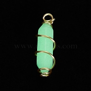 Luminous Glass Pendants, with Golden Tone Copper Wire Wrapped, Bullet, Beige, 26x8x8mm, Hole: 2.5mm(PALLOY-JF01805-01)