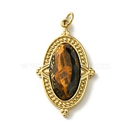 Ion Plating(IP) 304 Stainless Steel Pave Faceted Natural Tiger Eye Pendants, Oval Charms, Real 14K Gold Plated, 24.5x14.5x4.5mm, Hole: 2.5mm(FIND-Z028-40C)