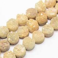 Electroplated Natural Druzy Quartz Crystal Bead Strands, Flat Round, Dyed, Champagne Yellow, 7~12x5~10mm, Hole: 1.5mm, about 16pcs/strand, 7.8 inch(G-G889-08)