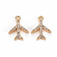 Brass Micro Pave Clear Cubic Zirconia Charms, Nickel Free, Airplane, Real 18K Gold Plated, 11.5x9x2mm, Hole: 1mm(KK-S360-122-NF)
