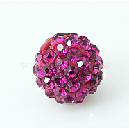 Polymer Clay Rhinestone Beads, Pave Disco Ball Beads, Grade A, Half Drilled, Round, Fuchsia, PP9(1.5.~1.6mm), 6mm, Hole: 1.2mm(RB-H284-6MM-Half-502)