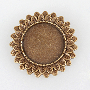 Vintage Alloy Brooch Cabochon Bezel Settings, with Iron Pin Brooch Back Bar Findings, Flower, Cadmium Free & Nickel Free & Lead Free, Antique Bronze, Flat Round Tray: 20mm, 33x2mm, Pin: 0.6mm(PALLOY-N0085-38AB-NF)