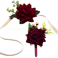 2Pcs 2 Style Rose Flower Silk Wrist and Flower Silk Brooch Sets, for Wedding, Party Decorations, Dark Red, 109~609x10~78mm, 2 style 2pcs(AJEW-CP0004-58)