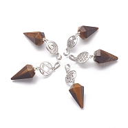 Natural Tiger Eye Pendants, with Platinum Brass Snap on Bails, Votex/Om Symbol/Tree of Life/Flower of Life/Star of David, Cone Pendulum, 48mm, Hole: 8mm(G-O194-16)