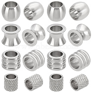 40Pcs 5 Styles 201 & 304 Stainless Steel European Beads, Large Hole Beads, Vase & Column & Barrel, Stainless Steel Color, 7~10x6~8mm, Hole: 5~6mm, 8pcs/style(STAS-BBC0001-98)