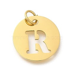 Ion Plating(IP) 304 Stainless Steel Pendants, with Jump Ring, Laser Cut, Flat Round with Letter Charm, Real 18K Gold Plated, Letter R, 20x1mm, Hole: 4.5mm(STAS-M074-01G-R)