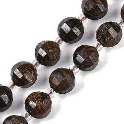 Natural Bronzite Beads Strands, Faceted, Lantern, with Seed Beads, 8x8mm, Hole: 0.9mm, about 38~41pcs/strand, 15.31~15.51 inch(38.9~39.4cm)(G-G182-B05-03)