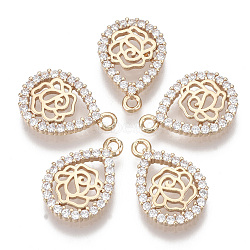 Brass Micro Pave Cubic Zirconia Pendants, teardrop, with Rose, Light Gold, Clear, 18x12.5x2.5mm, Hole: 1.5mm(KK-T060-03)