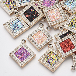 UV Plating Acrylic Pendant Rhinestone Settings, with Imitation Leather inlaid Glitter Sequins/Paillette, Light Gold, Rhombus, Mixed Color, Fit for 1.5mm Rhinestone, 33x28.5x3mm, Hole: 2.5mm(PACR-R245-09)