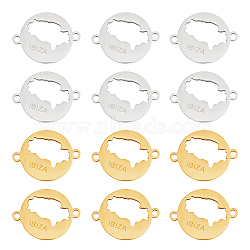 12Pcs 2 Colors 201 Stainless Steel Connector Charms, Flat Round with Ibiza Map, Golden & Stainless Steel Color, 14x18x1mm, Hole: 1.4mm, 6pcs/color(STAS-UN0048-28)